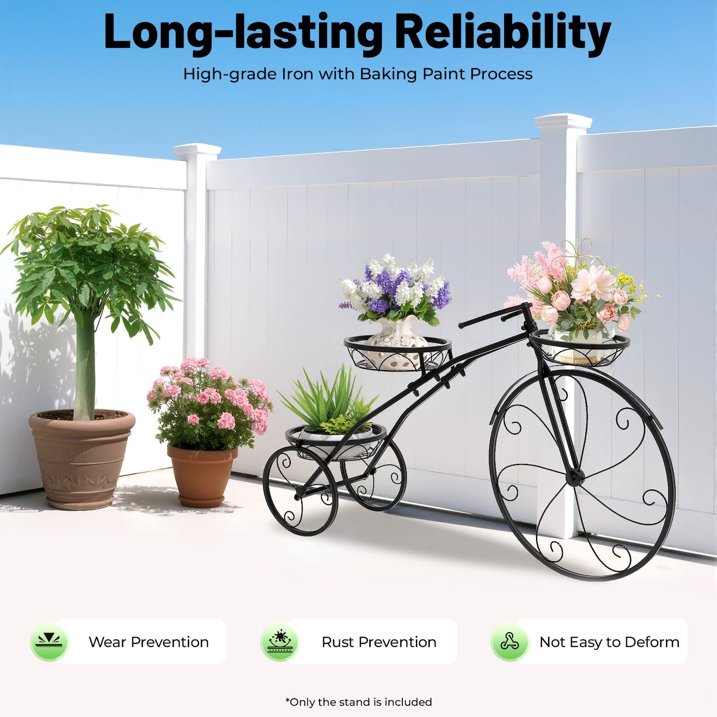 Ginelm 3-Wheeled Plant Stand, 3 Tier Plant Shelf with Baskets, 22 lbs Capacity, Black Modern Bicycle Design Flower Pot Stand for Home, Garden, Porch, for Plant Lovers, Family