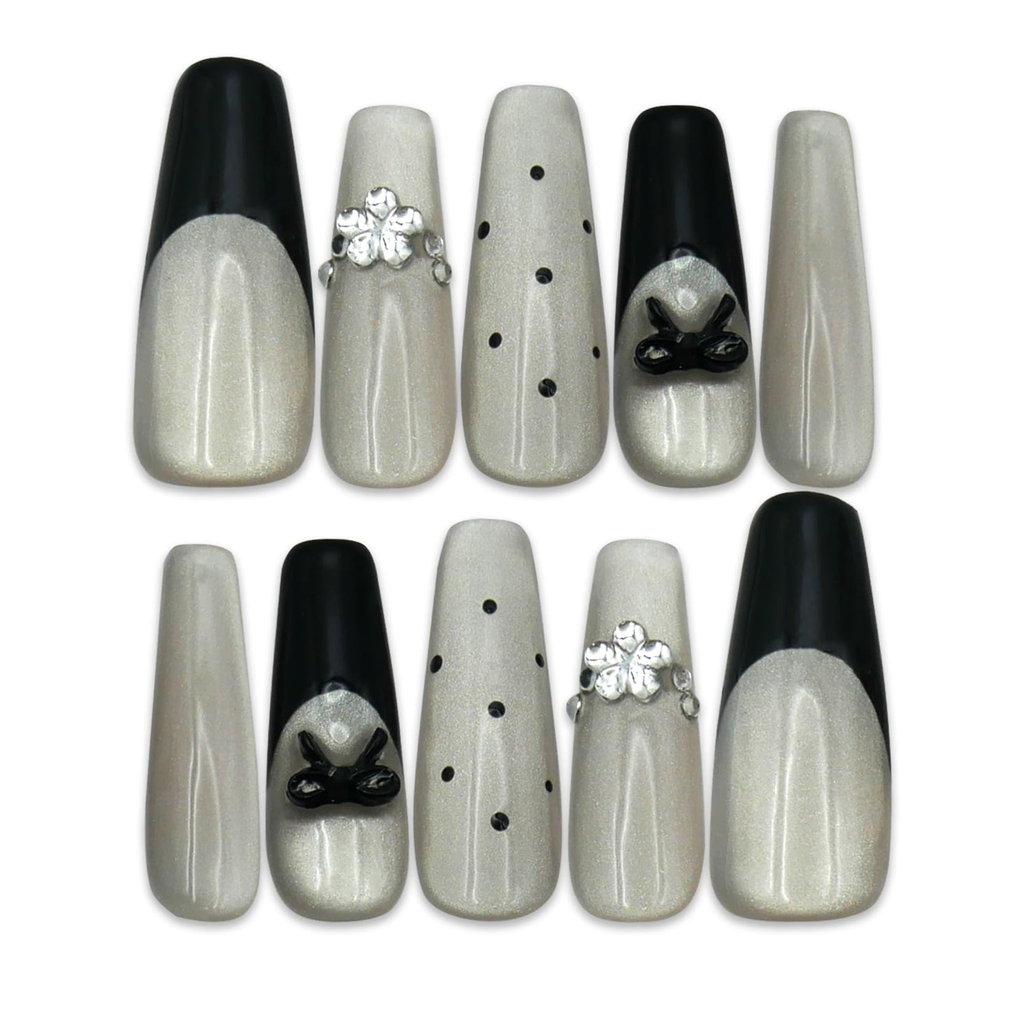 French Tip Press on Nails, Long Coffin Fake Nails,Glitter ballet-inspired style with Rhinestones, and silver black white Polka Dot Nails for Wedding Party.10Pcs Nail Kit for Women Manicure.