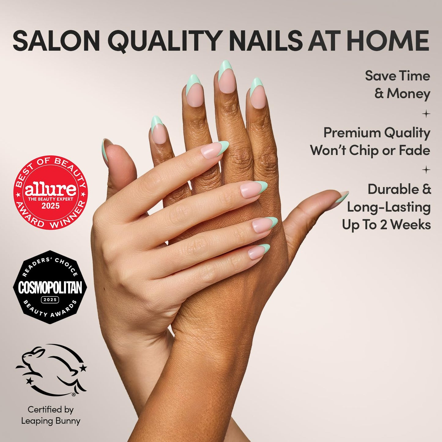 Glamnetic Press On Nails - Pistachio Crème | Short Almond Fake Nails with Mint Blue French Tips and Glossy Finish, Salon Quality | 15 Sizes - 30 Nail Kit with Glue