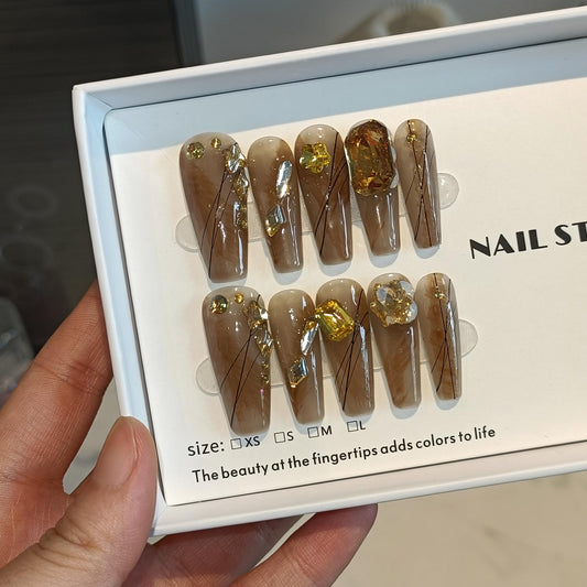 TENPAL 10PCS Long Coffin Press on Nails with Tools Kit - Autumn Woodland Hand-Painted Design Fake Nails | Rustic Brown Gold Leaf & Crystal Glue on Nails | Long Fall Nails for Sweater Weather(XS)
