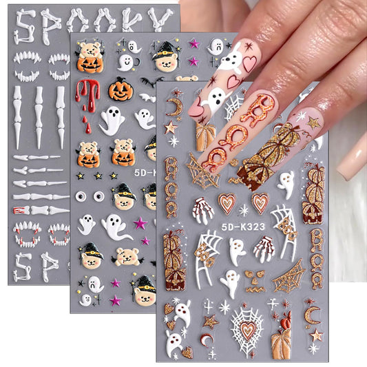 3 Sheets Halloween 5D Embossed Nail Art Stickers Cute Ghost Spider Wed Nail Decals Self Adhesive Gothic Pumpkin Skull Nail Stickers Glitter Gold Nail Design Decals Holiday Nail Decoration for Women