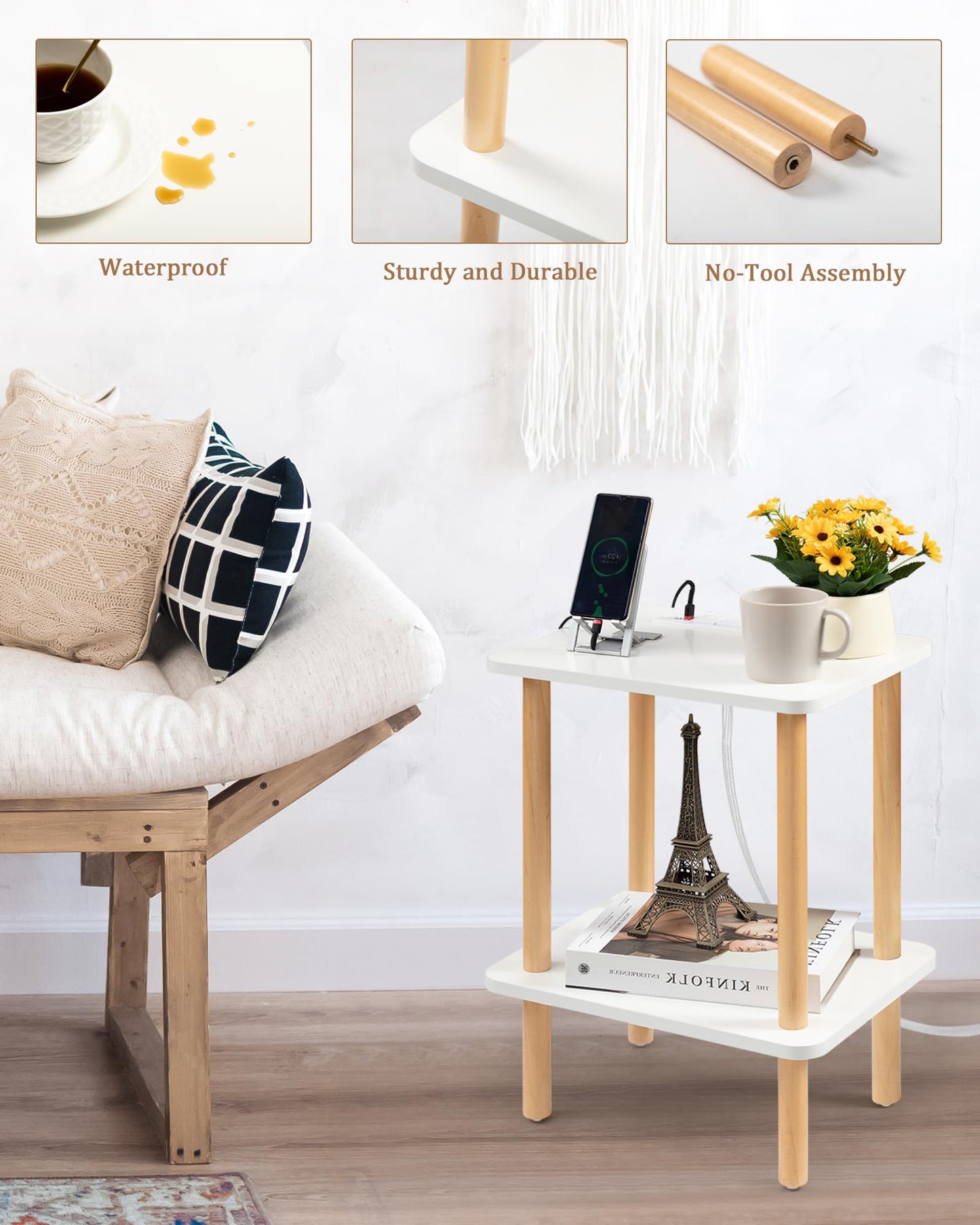 FORAOFUR End Table with Charging Station, End Tables with USB Ports and Outlets, Small Side Table for Living Room, Bedroom & Office, Two-Tier Narrow Side Table, Easy Assembly