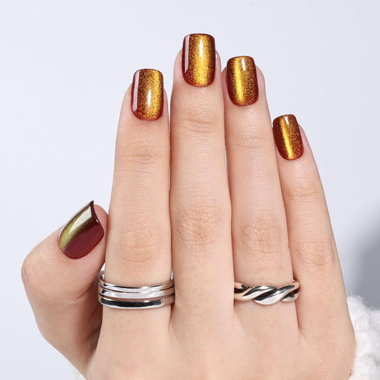 Leefrei Brown Cat Eye Press On Nails - Short Square Press on Nails Press Ons for Women, Reusable Glossy Fake Nails Kit with Glue DIY Nails Short in 15 Sizes - 30pcs, Amber Mocha