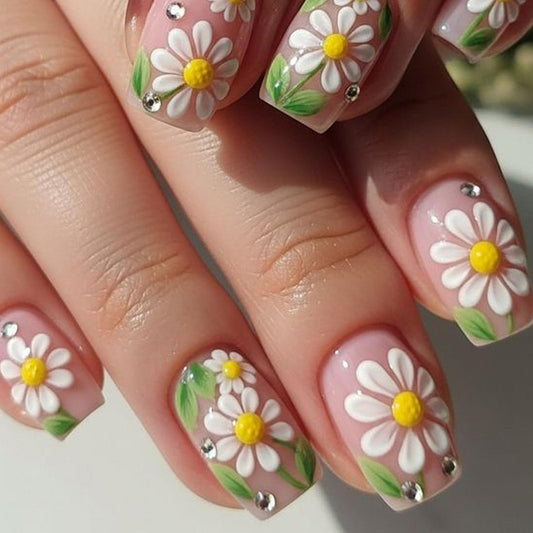 Square Press on Nails Medium Fake Nails with White Flower Green Leaves Rhinestones Designs Glossy Glue on Nails Nude Nails Press ons Summer Acrylic Artificial Stick on Nails for Women 24Pcs