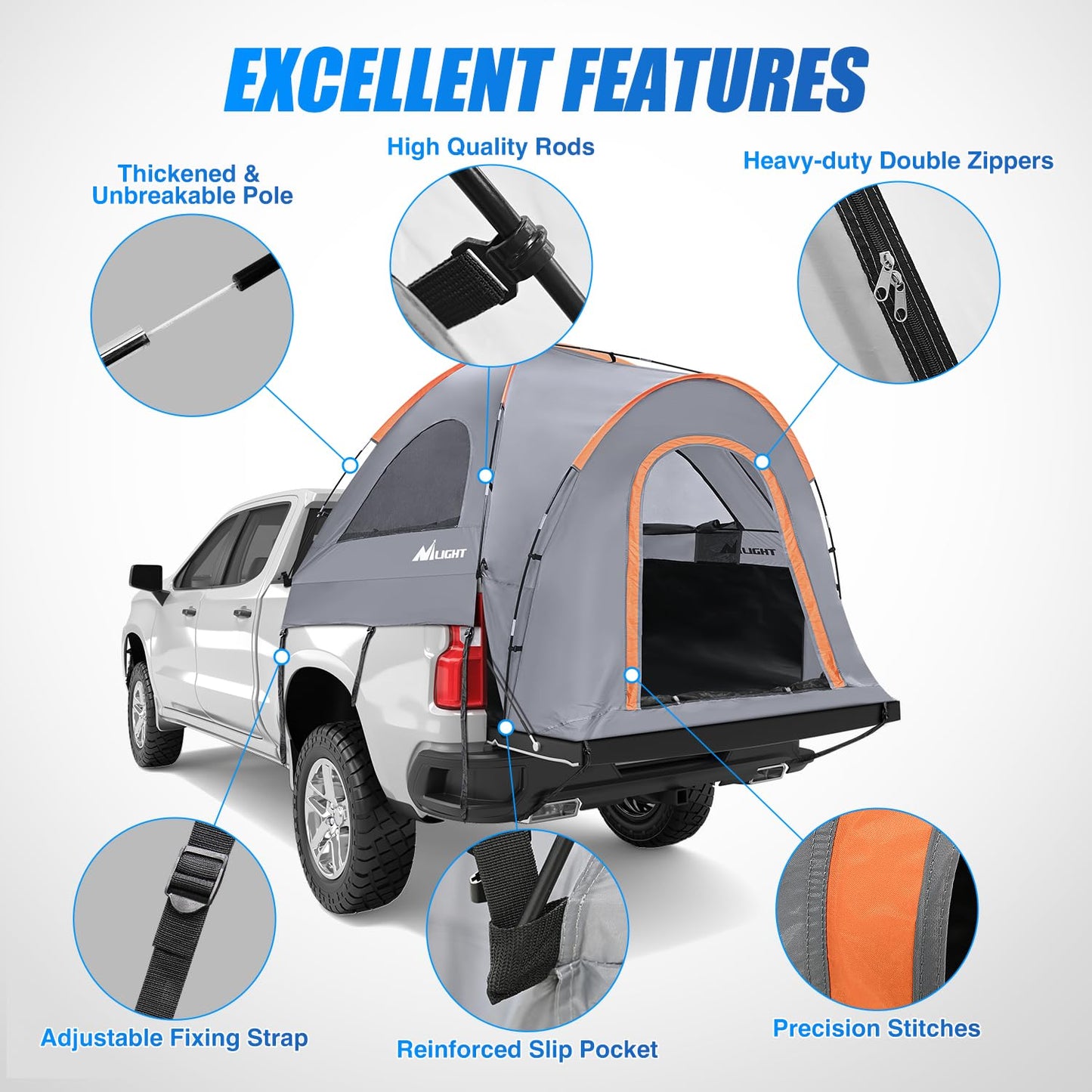 Nilight Truck Bed Tent 5.2-5.8 FT Pickup Tents with Rainfly Waterproof PU2000mm Double Layer Tent for Truck 2-Person Portable Full Size Short Tailgate Bed Tent for Camping Outdoor Travel, Orange Grey