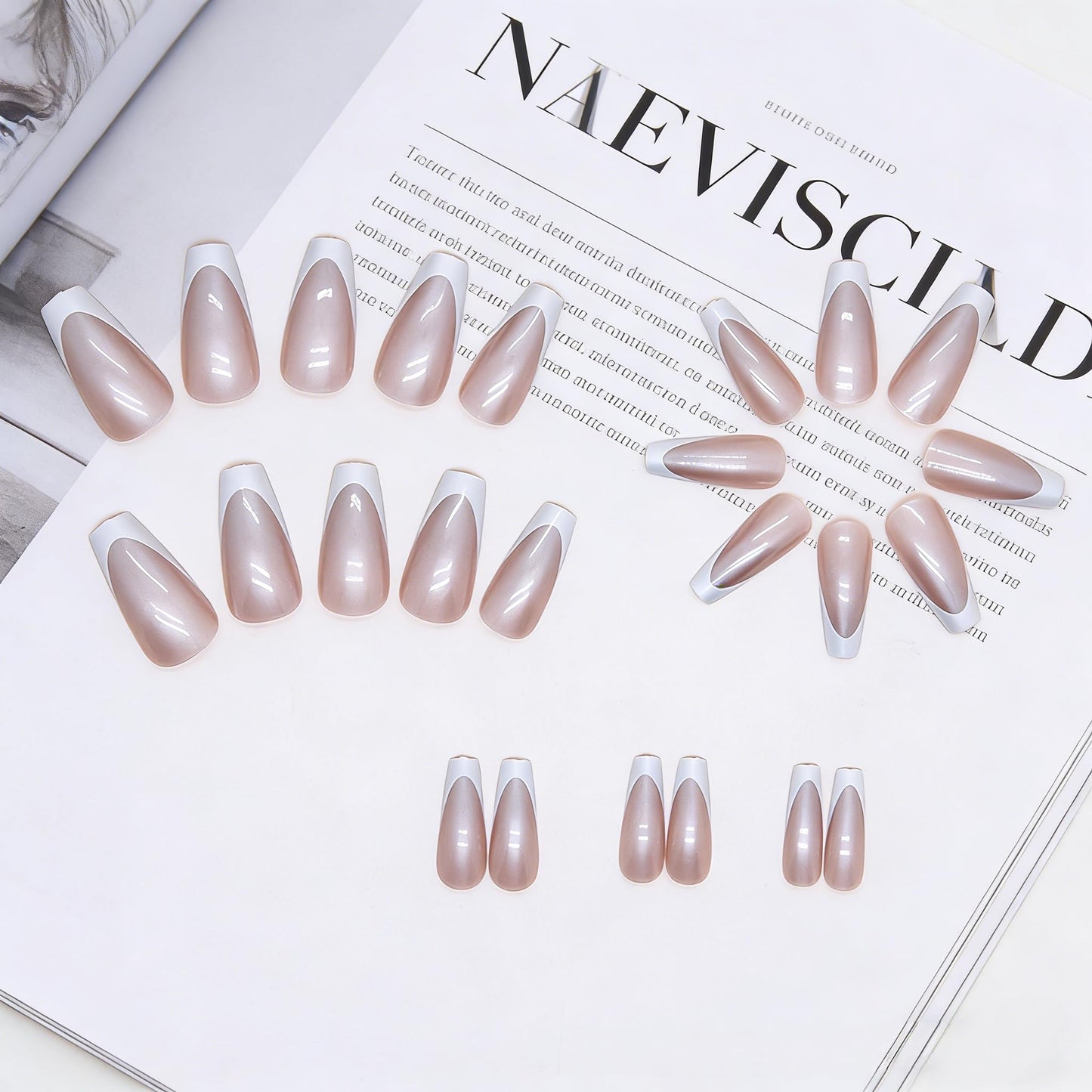 White French Tip Press On Nails Long Square - KQueenest Chrome Press On Nails Coffin, Glazed Gel Fake Nails Press on, Mirror Shine Natural French Glue on Nails Ballerina Stick On Nails for Wedding
