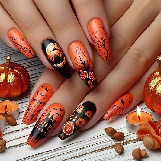 Halloween Press on Nails Long Ballet Shaped Bat Pumpkin False Nails Full Cover Artificial Acrylic Fingernails Castle Flower Design Halloween Nail Glossy Festivla Glue on Nails for Women Supplies