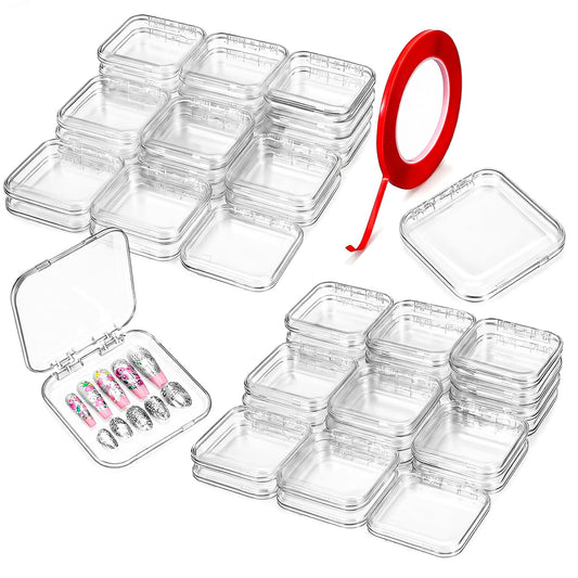 Molain 40 Pcs Clear Press on Nail Packaging Boxes Case with 10M Tape, Plastic Fake Nail Display Organizer Container for Storage Salon Business Jewelry 2.95x2.95 Inch