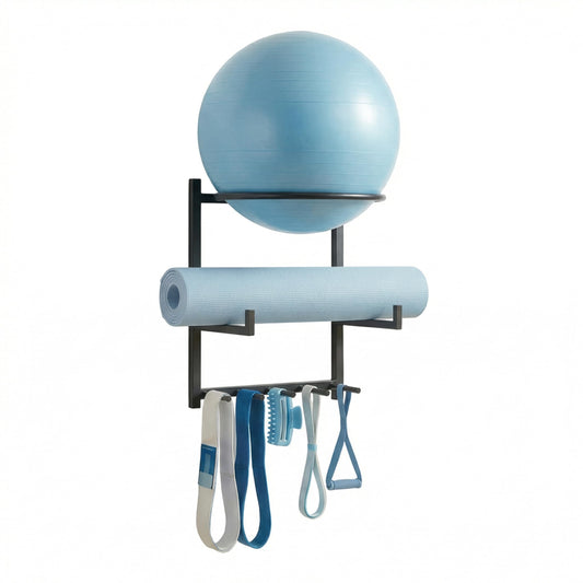 YPDiXDi Wall Mounted Yoga Ball and Mat Holder, Space-Saving Home Gym Organizer and Storage Rack Fits 55-75cm Stability Ball with 5 Hooks for Resistance Bands and Equipment