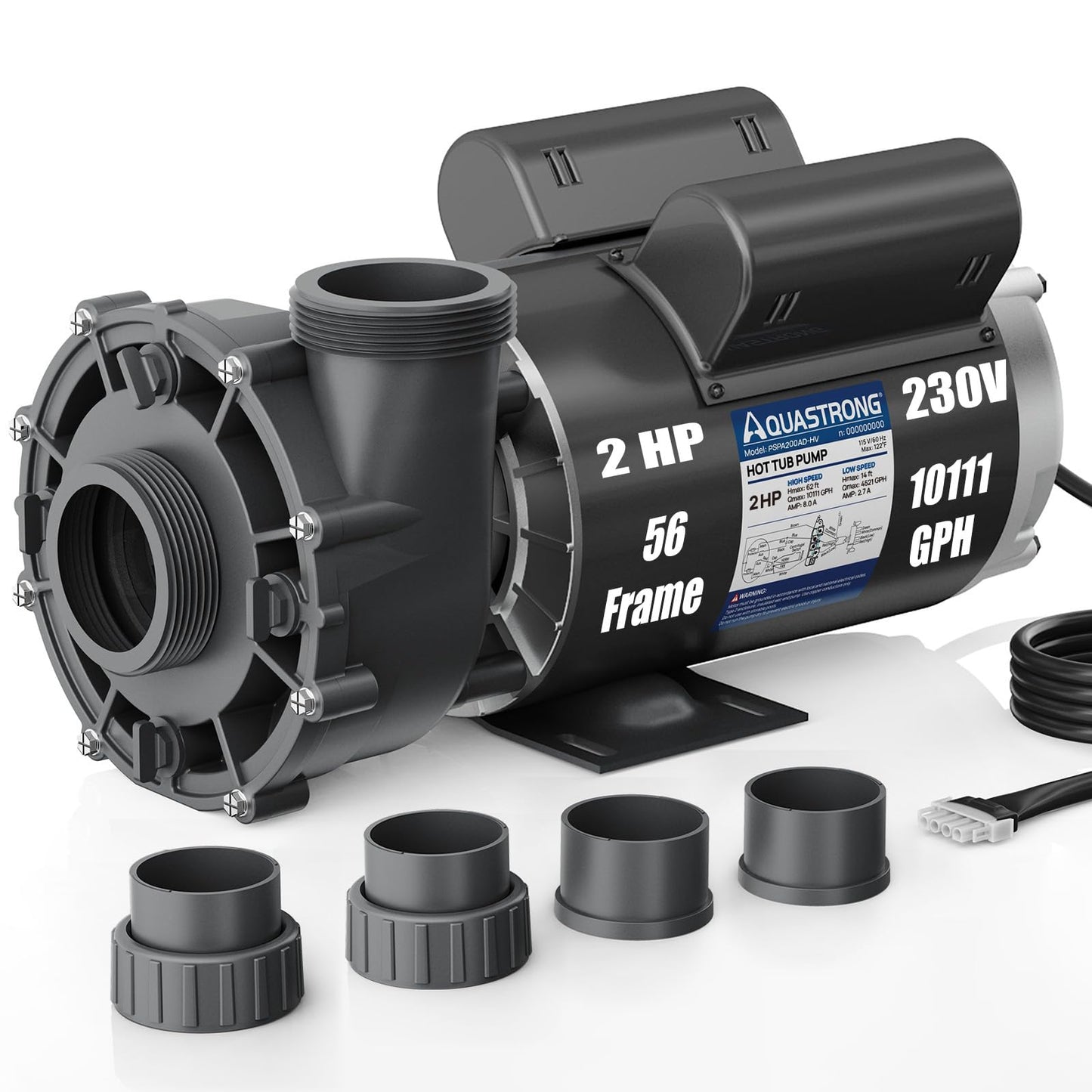 Aquastrong SPA Pump, Dual Speed Hot Tub Pump, Pure Copper Motor, Low Noise, Easy Installation with 1.5" & 2" Adapters, 90° Rotating Inlet & Outlet, Compatible with Hot Tubs & Spa Systems, Matte Black