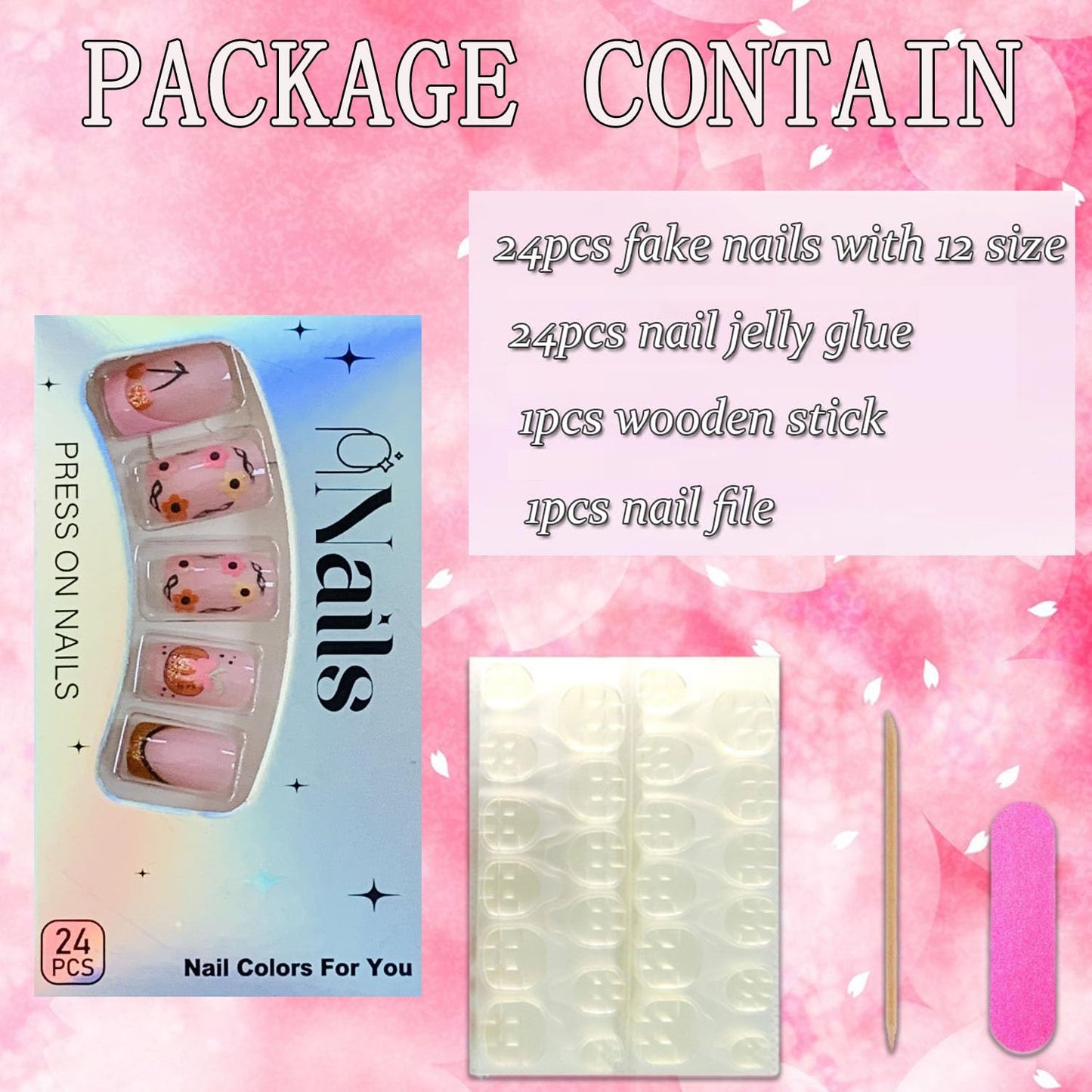 FIEONCIY Press on Nails Square Short Length Glossy Full Cover Acrylic Short Square Shaped False Nails with French Designs Artificial Fake Nails Glue Stick ons Fingernails for Women Girls(W2452)