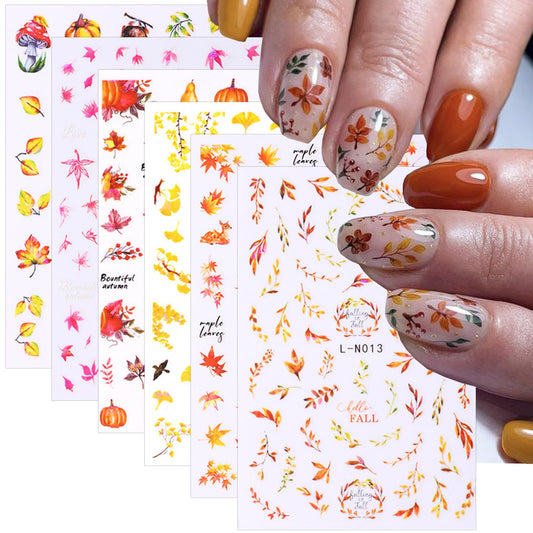 6 Sheets Fall Nail Art Stickers 3D Autumn Leaves Nail Decals Self-Adhesive Autumn Nail Art Supplies Thanksgiving Apricot Leaves Pumpkin Design Nail Stickers for Women Nail Decorations Accessories