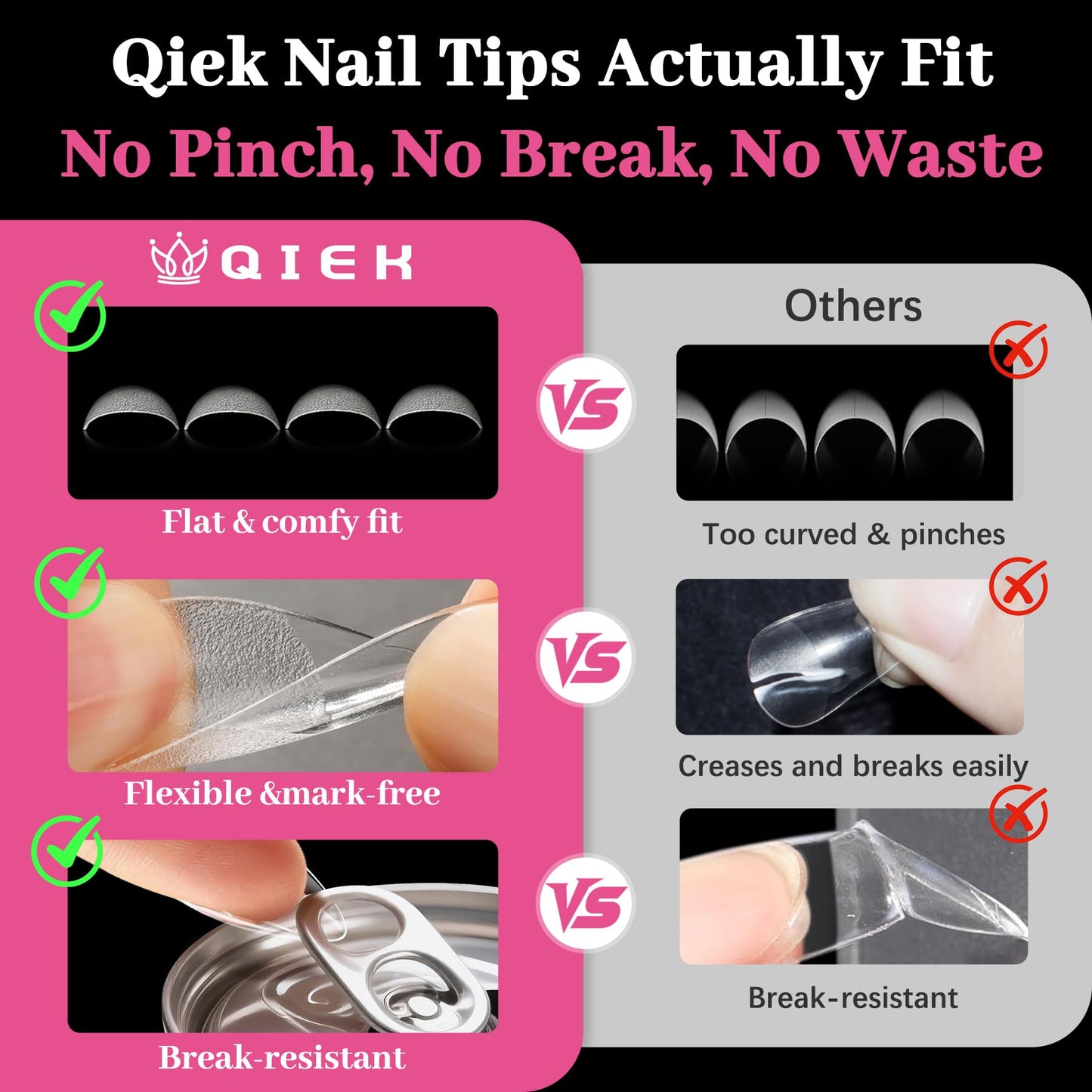 QIEK 450PCS Short Almond & Round & Square - 3 Styles Nail Tips, 70-Grit Pre-Etched Press On Nail in 15 Sizes, Fake Nail Extension Kit for Acrylic Gel Nail Art DIY Salon