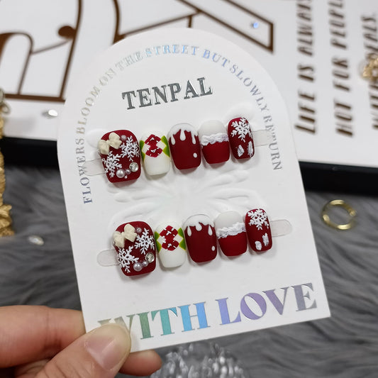 TENPAL Squoval Press on Nails -Acrylic Red Velvet Matte with Pearl Plaid & Snowfall Design | Handmade Winter Elegant Fake Nails with Tools | Christmas Party Gift Set(S)