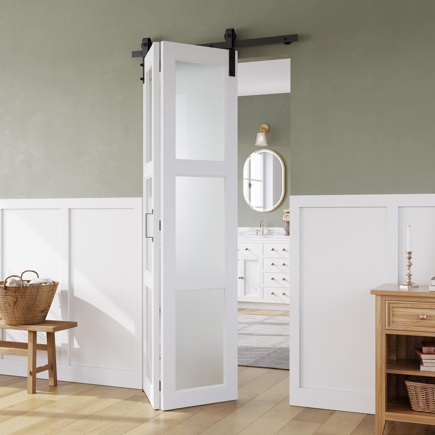SMARTSTANDARD 36in x 84in Bifold Barn Door, Frosted Glass Barn Door with Hardware Kit Included, Pre-Drilled Holes Easy Assembly -Solid Barn Doors Slab Covered with Water-Proof PVC Surface, White