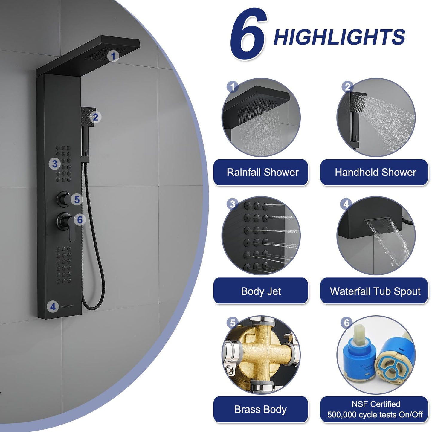 ROVATE Shower Panel Tower System with Rainfall Shower Head, Elegant Matte Black Shower Tower with Powerful Body Jets, Handheld Shower and Tub Spout, Stainless Steel Shower Column Black High Pressure
