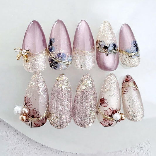 Flower 3D Press on Nails Almond Medium Pearl Bow Design Purple French Acrylic False Nail Full Cover Glitter Powder Artificial Fingernails Press Ons Floral Stick on Nails DIY Glue on Nails for Women