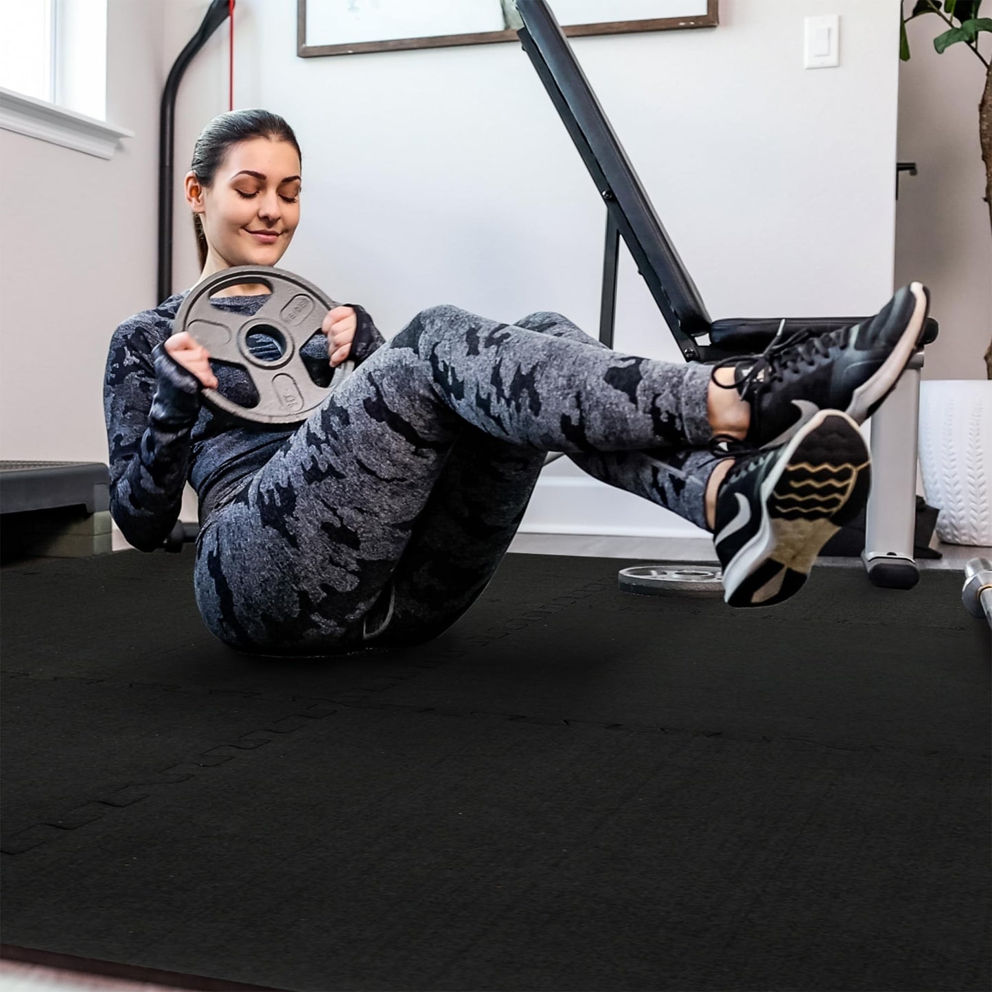 SUPERJARE 0.4'' Thick 6 Pcs 24 Sq Ft Rubber Top Exercise Equipment Mats, High Density EVA Foam Mats with Rubber Top, Interlocking Gym Flooring for Home Gym, Protective Workout Mat, Black