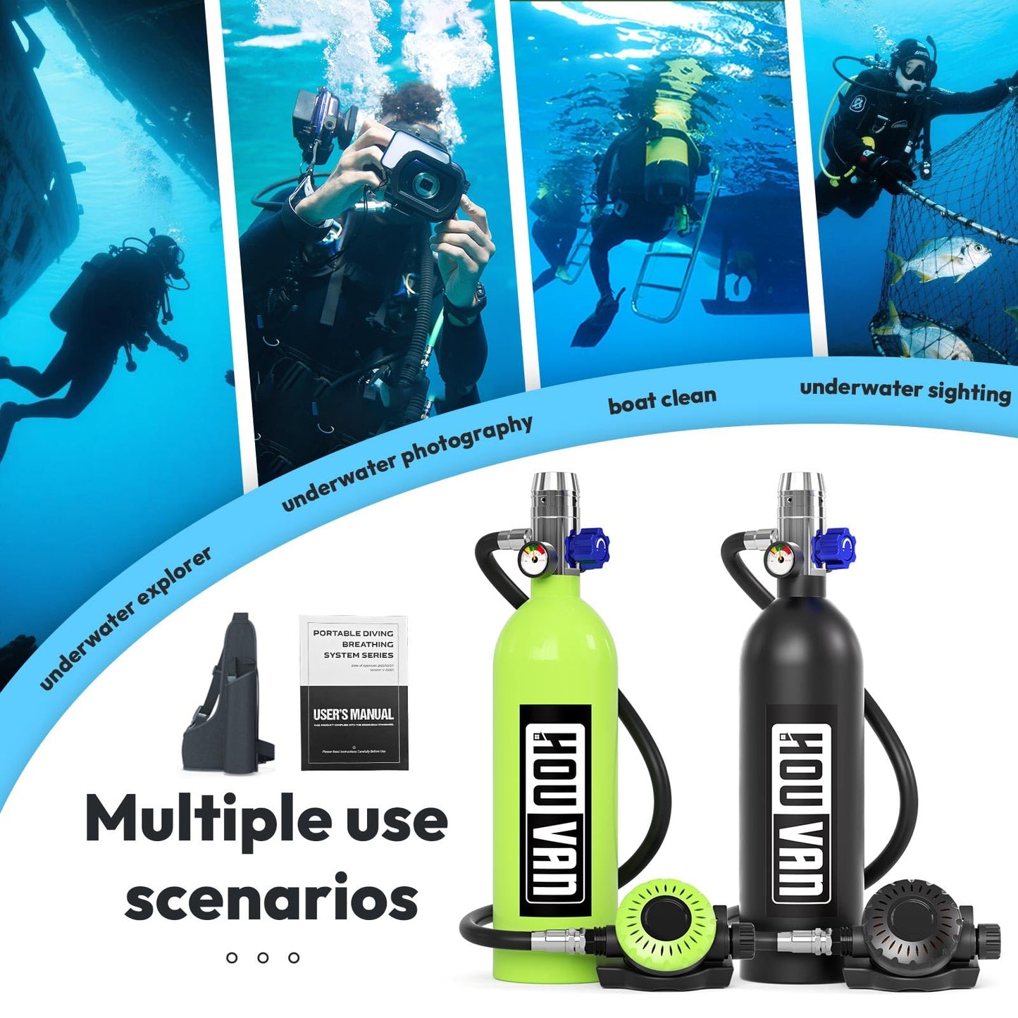 HOUVAN S400 Mini Scuba Tank 1.0L Scuba Tank Portable Diving Tank with On-Off Valve Reusable Underwater Breathing Pony Bottle for Underwater Exploration Emergency/Recreation