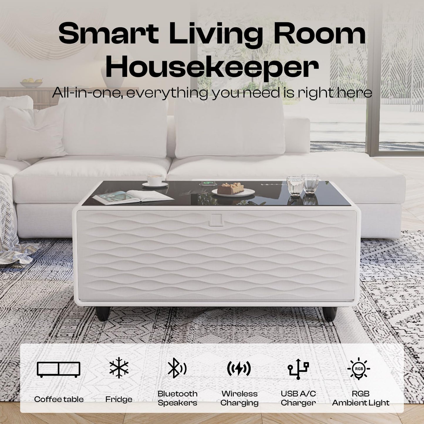 Smart Coffee Table with Fridge, 93L Refrigerated Drawers, Bluetooth Speakers & Wireless Charging, Modern Stain/Mark Resistant Entertainment Center for Living Room & Gaming, White