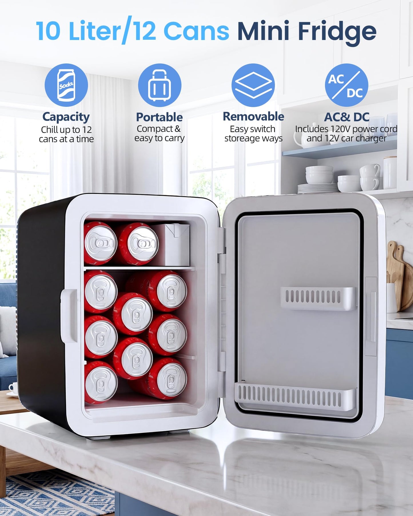 Electactic 10L Compact Mini Fridge, Portable Small Refrigerator, Small Cosmetics Cooler, 2.6 Gal Mini Fridge with AC/DC Adapters for Beverage, Food, Makeup, Bedroom, Office, Dorm, Classic Black