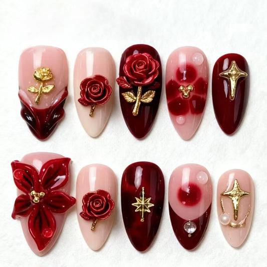 30Pcs Romantic Valentines Press on Nails Short Almond French Tip Fake Nails Red Exquisite Flowers Pearl Designs 3D Handmade Rose False Nails Gilding Full Cover Acrylic Stick on Nail for Women DIY