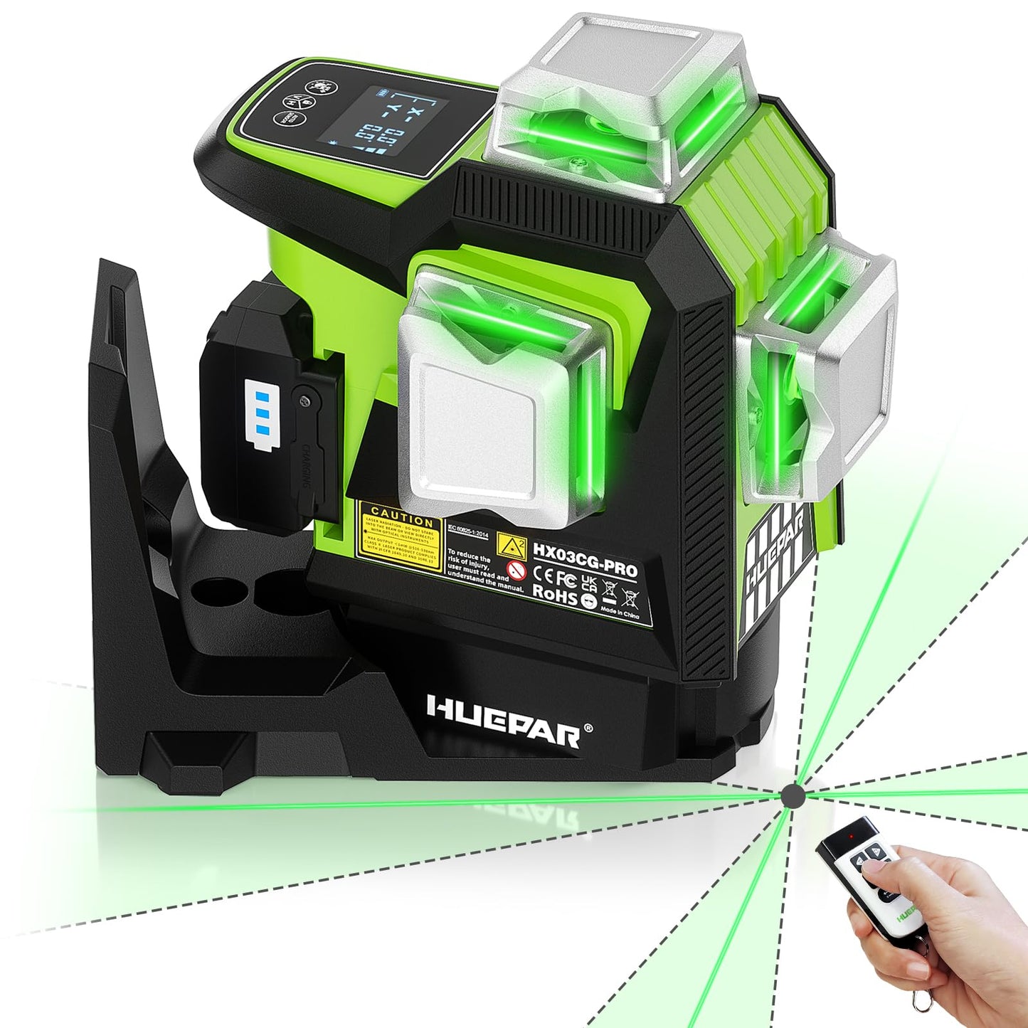 Huepar 360 Laser Level with Electric Pivot Around Point Fine Adjustment Rotating Base, Remote Control, Rechargeable Battery, 1/13" High precision Self Leveling Lazer Leveler, Pluse Mode