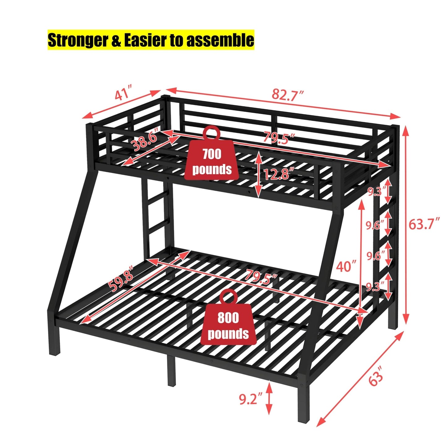 LUCALEO Latest Upgraded & Stronger Thickened Metal Bunk Bed Twin XL Over Queen Size, Heavy Duty Safer More Stable Steel Bunkbeds (Greater Weight Capacity) (Twin XL Over Queen)