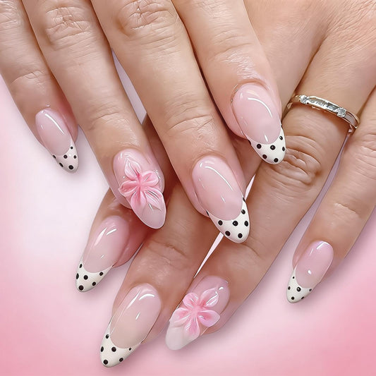 Almond Press on Nails Medium Fake Nails with 5D Flower Charm Design Glossy Polka Dots French Tips Glue on Nails Spring Summer Nail Press ons Reusable Full Cover Pink Nail for Women Manicure 24Pcs