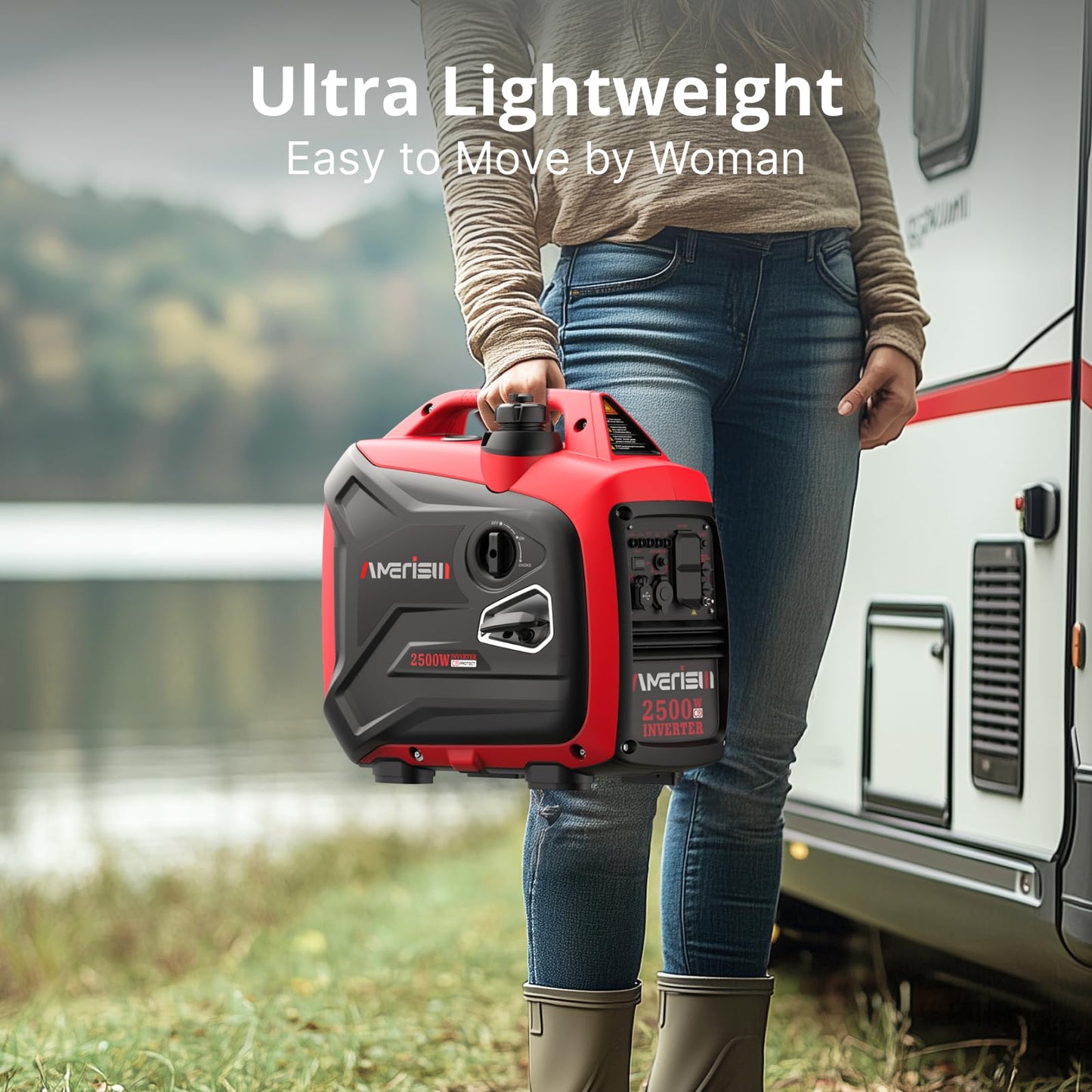AMERISUN 2500-Watt Gas Powered Portable Inverter Generator for Home Use - Super Quiet Lightweight for RV and Camping, CO Sensor, Outdoor and Home Backup, Long Run Time