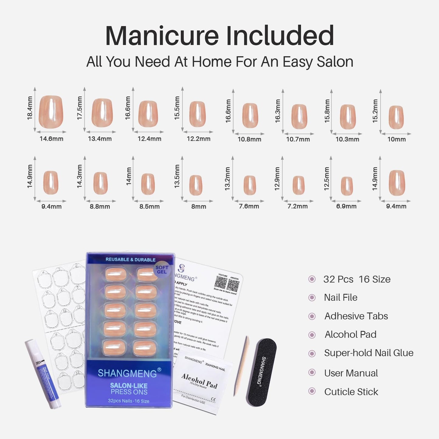 Nude Chrome Press on Nails Square - SHANGMENG Soft Gel Short Press on Nails for Women Gift, Fit Perfectly & Natural Glue on Nails in16 Sizes - 32 Reusable Fake Nails with Glue, Aurora Nude