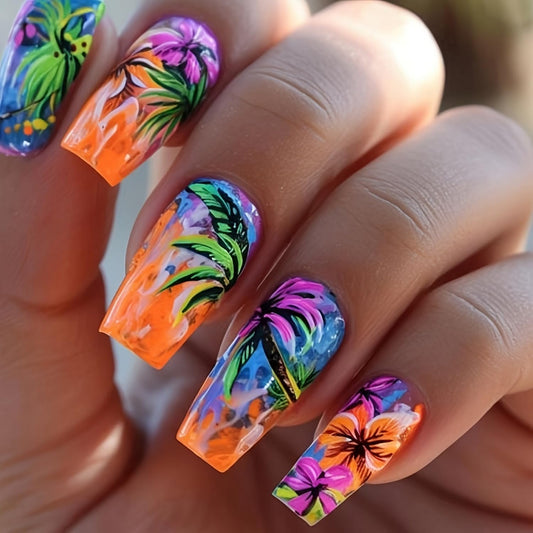 Summer Press on Nails Medium Length Fake Nails Glossy Full Cover Colorful False Nails with Hawaii designs Acrylic Stick on Nails Coffin Shape Glue on Nails for Women Beach Nails Decor24pcs