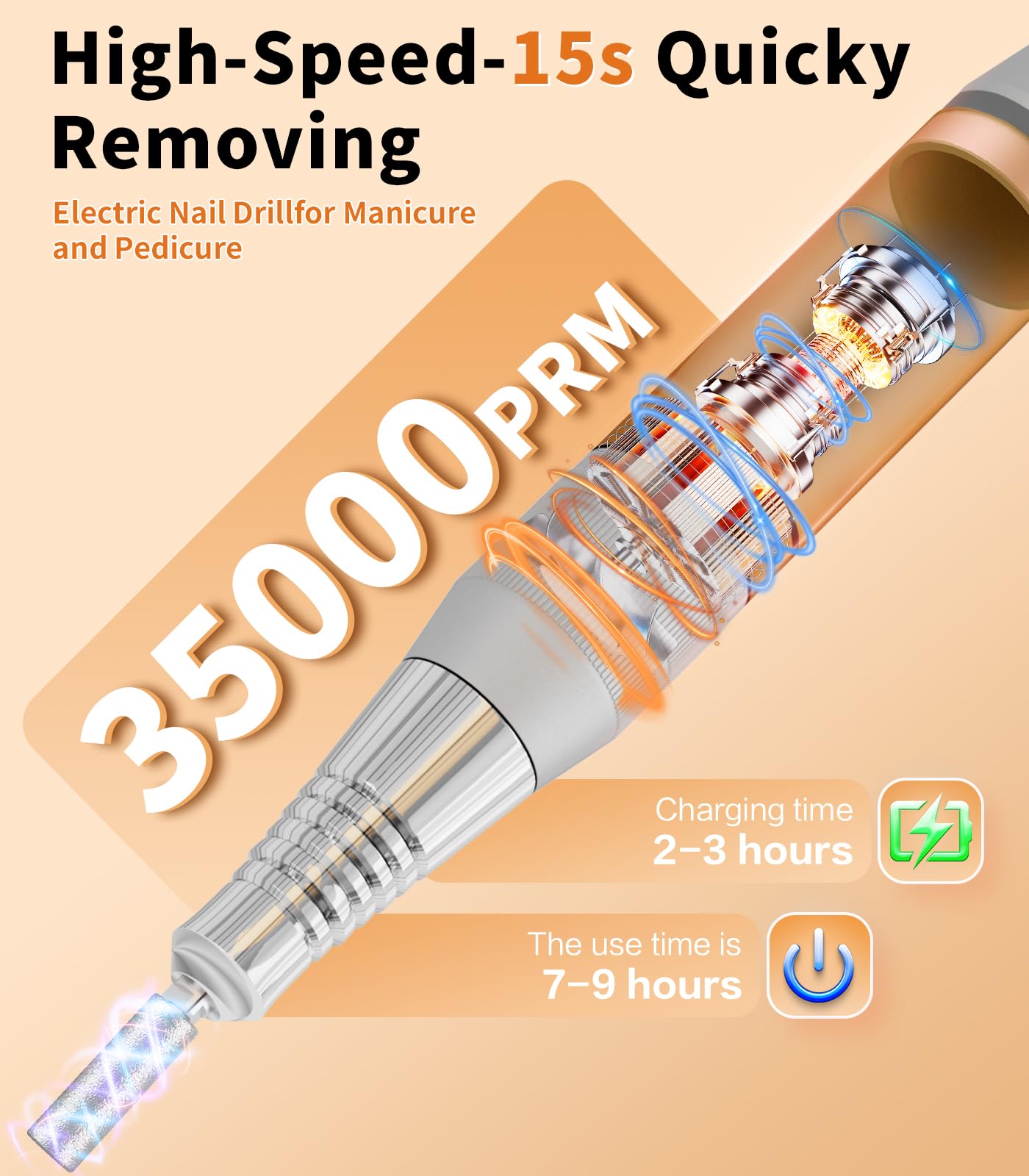 Electric Nail Drill Professional, Portable Rechargeable 35000 RPM - Cordless Electric Nail File Machine Kit for Acrylic Gel Polishing Removing, Manicure at Home DIY & Salon (Orange)