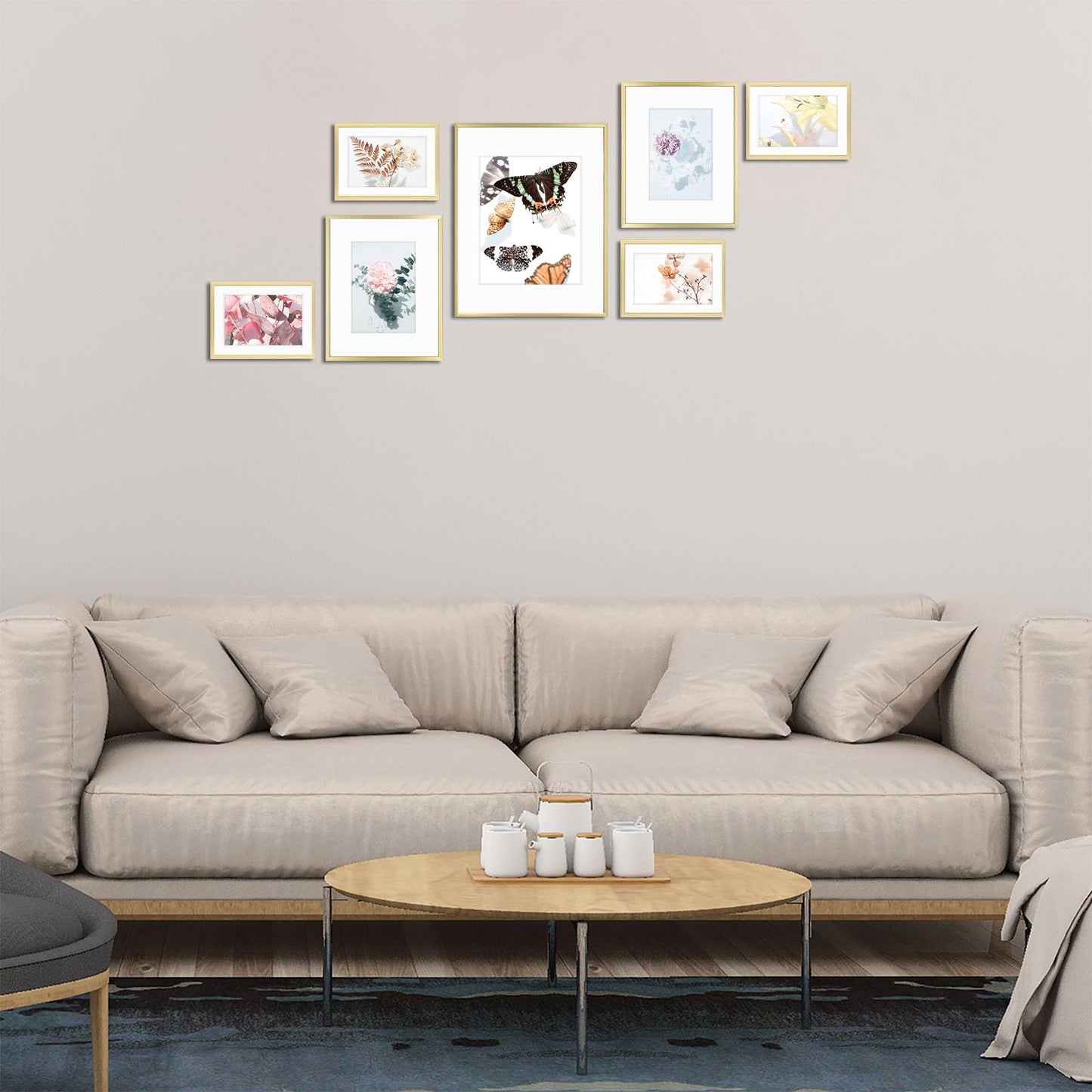 Golden State Art, Aluminum Gallery Wall Frame Set of 7 - Includes One 11x14, Two 8x10, and Four 5x7 - Metal Frames with Mat & Real Glass Cover for Elegant Home or Office Decor (Style 2, Gold)