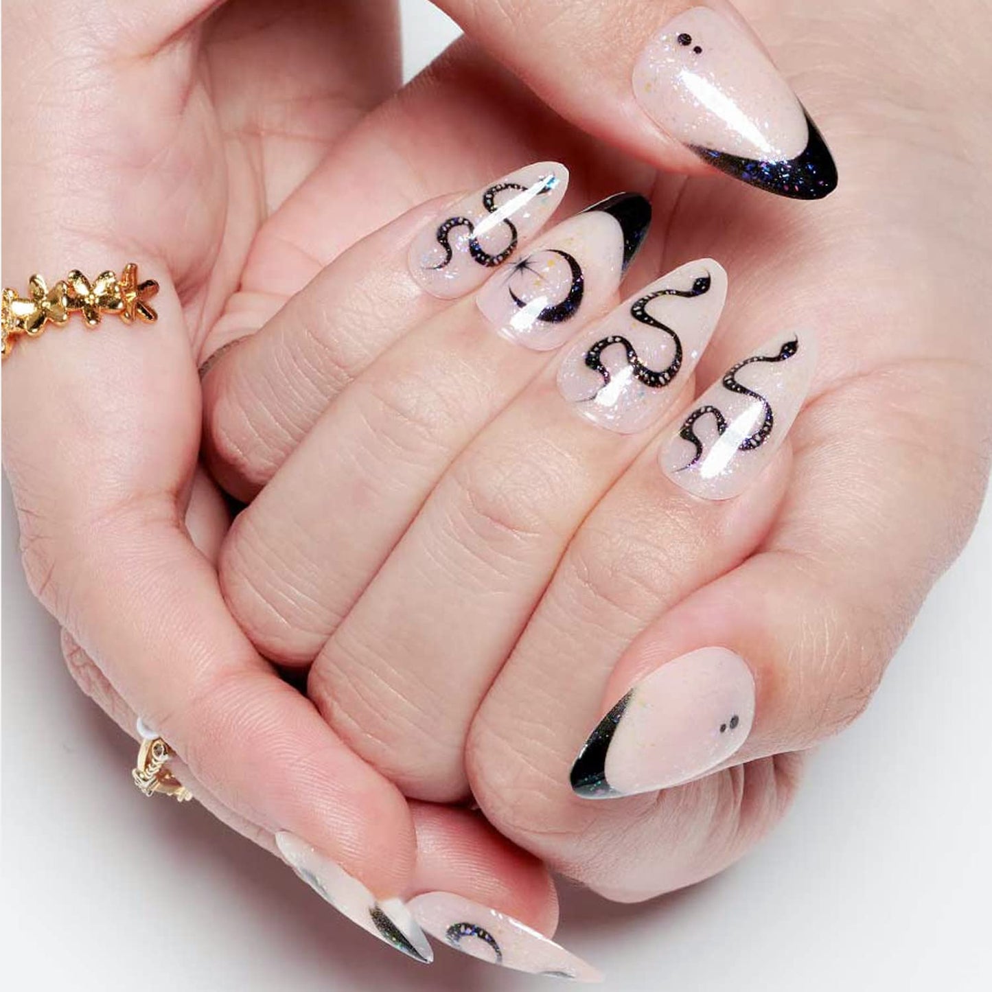 GLAMERMAID White Press on Nail Medium Almond, Natural White Crush Nail, Stiletto Fake Nail with Glitter Snake Design, Short Oval Stick Glue on Nail Tips for Women, Reusable Acrylic False Nail Kit