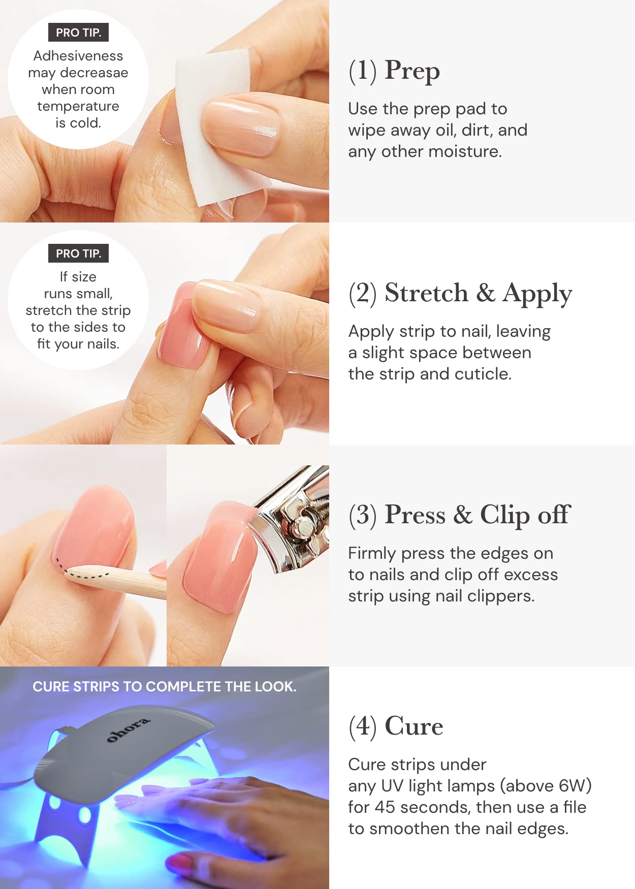 ohora Semi Cured Gel Nail Strips Set of 2(N Cream Cotton, N Cream Leaf)-Works with Any Nail Lamps, Salon-Quality, Long Lasting, Easy to Apply & Remove-Includes 2 Prep Pads, Nail File & Wooden Stick