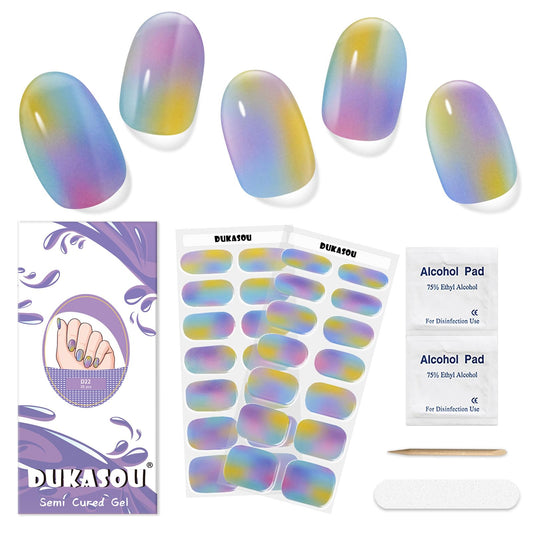 DUKASOU Semi Cured Gel Nail Strips,28 Pcs Gel Nail Stickers/Wraps(Colorful Aurora),Long Lasting Polish Stickers UV Cure,Works with UV Lamp,Easy to Apply