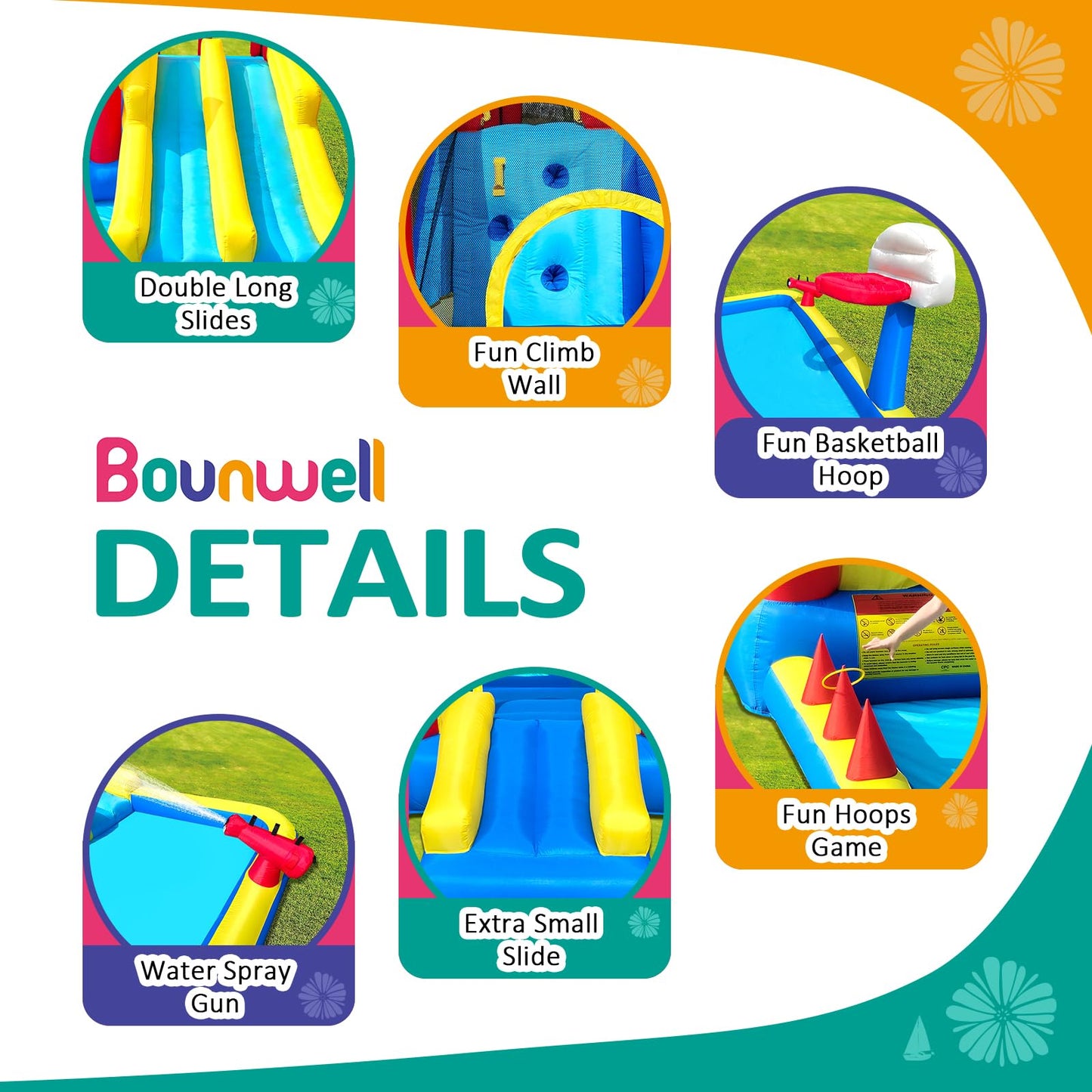 Inflatable Bounce House with Double Slide, Water Bounce Castle with Slide,Water Slide with Splash Pool, Water Cannon, Climbing Wall, Basketball Hoop, Backyard Water Slide for Kids