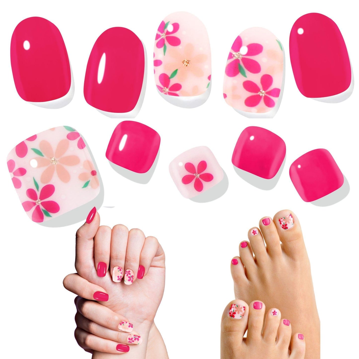 Alice & Bella Bundle - Bright & Happy Manicure (25 pcs) & Pedicure (36 pcs) - Viva Magenta Semi Cured Gel Nail Strips to Make Your Nails Happy & Bright