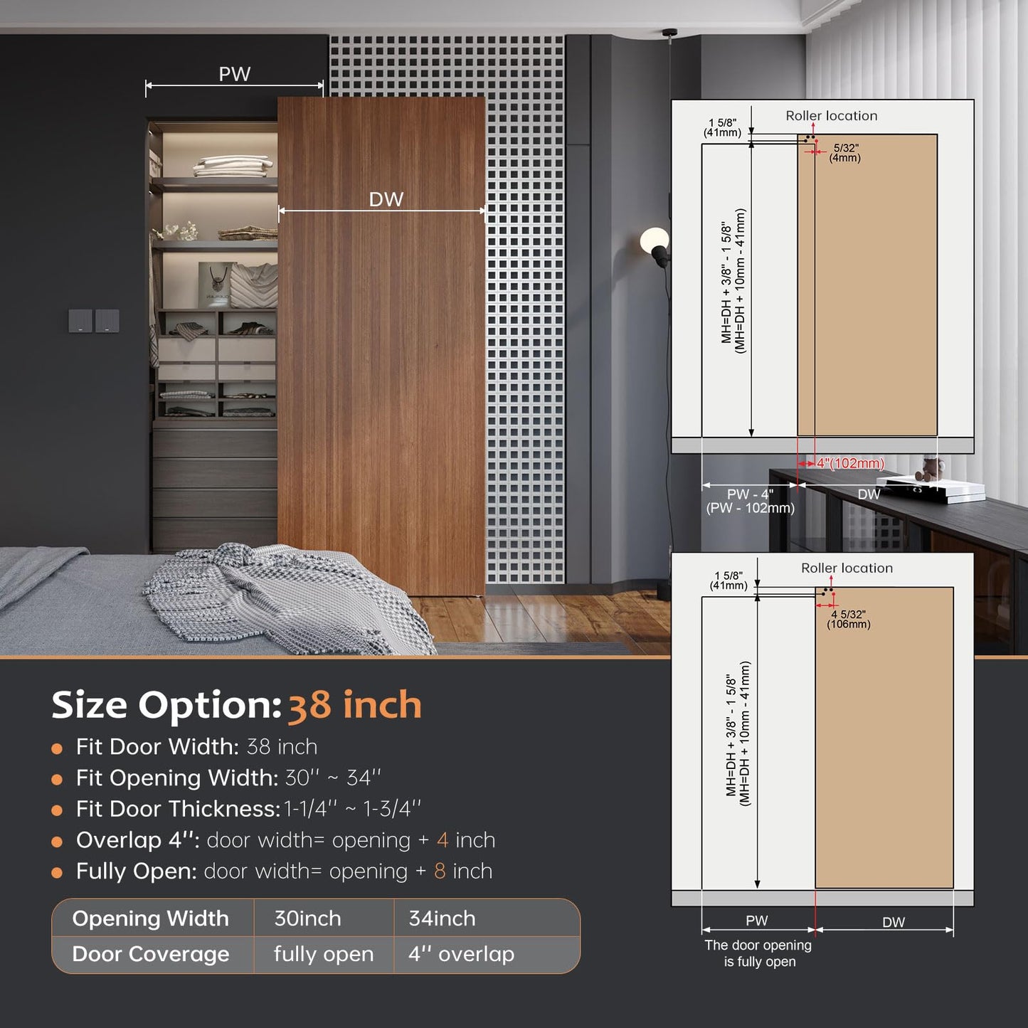 FINOSEN 38inch Concealed Sliding Barn Door Hardware with Soft Close Mechanism, Aluminum Track, Invisible Floor Track, Fit MIN Opening Width 28in, Wall Mount System(Door is not Included)