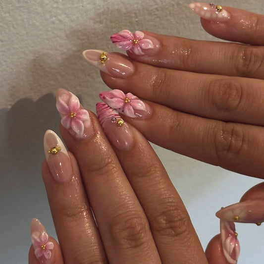 IMRAIN Summer Press on Nails Medium Almond Fake Nails with 3D Pink White Flower Designs Glossy French Tips False Nails Cute Floral Glue on Nails Acrylic Nail Supplies