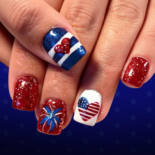 4th of July Press on Nails Square Shaped Artificial Acrylic Love Heart US Flag White Lines with Fireworks Glitter Short Independence Day Press Ons Artificial Fingernails for Women Holiday Manicure