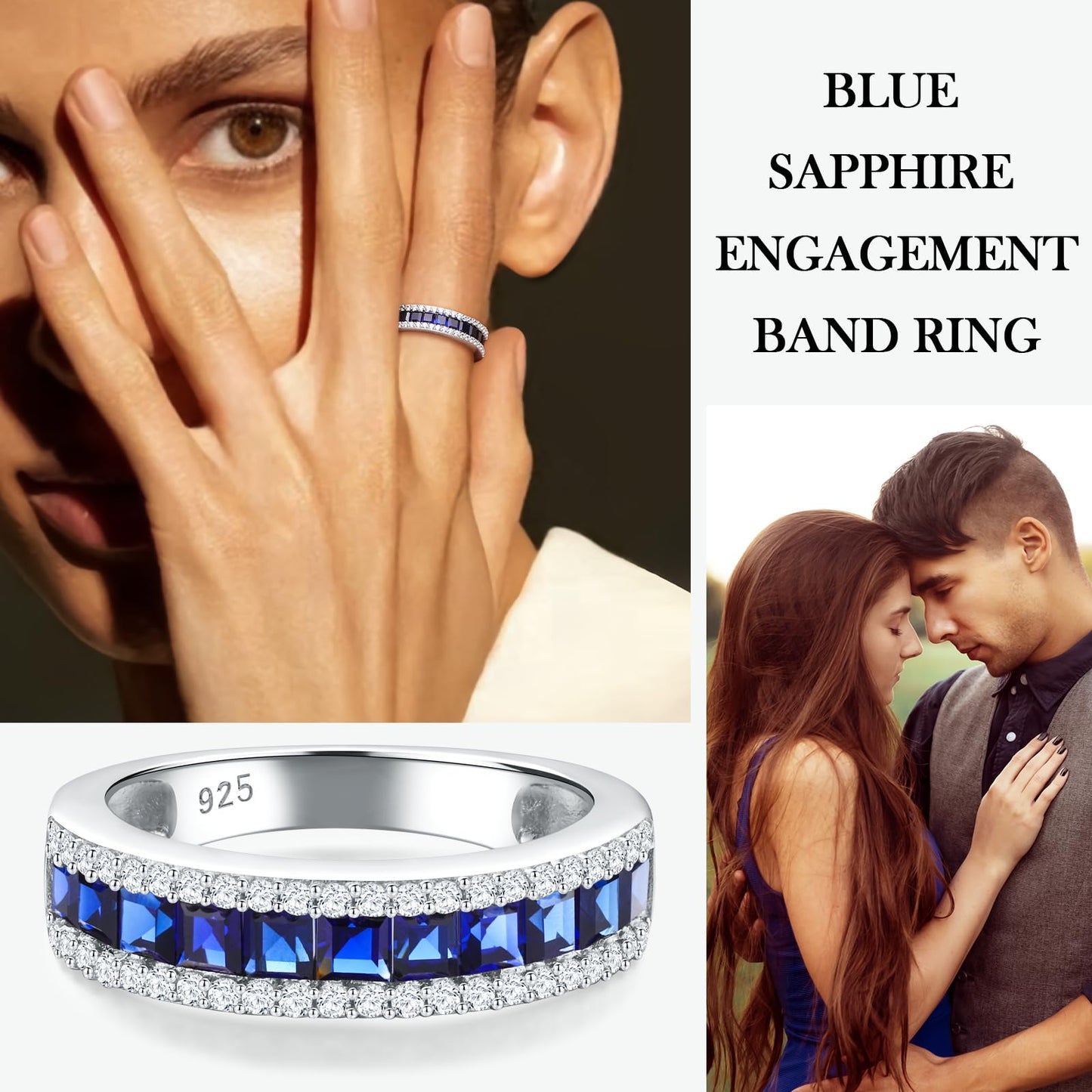 RANDES 925 Sterling Silver Blue Sapphire Eternity Band Rings for Women Channel Set Princess Cut Engagement Wedding Ring Size 10