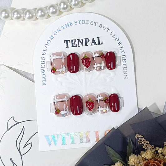 TENPAL Handmade Press on Nails Wine Red Nails Press Ons Short Square Gummy Candy 3d Strawberry Fake Nails with Glue Glossy Glitter Glue on Nails Short 10pcs/box Cute Stick on Nails for Women(M)