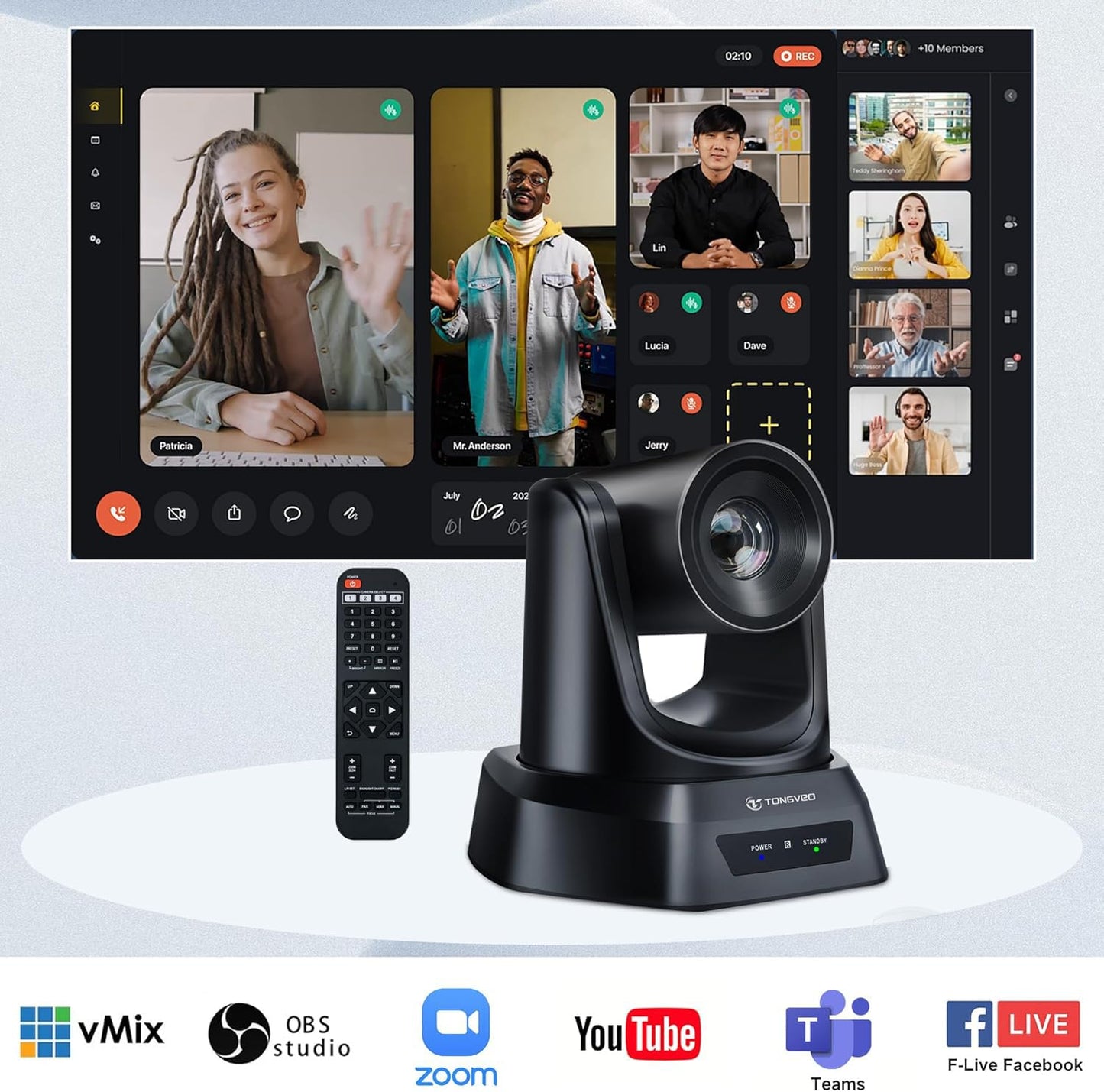 TONGVEO 5.8GHz Wireless Conference Room Camera System | 3X 60fps PTZ Camera with Bluetooth Microphone, 50ft Range, Compatible with Zoom, OBS - Easy Setup for Worship and Online Meetings
