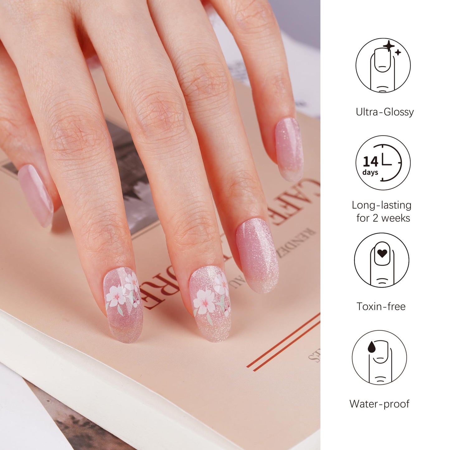 DANNI & TONI Semi Cured Gel Nail Strips Flowers (Petals of Glass) Pink Cat Eye Gel Nail Stickers 28 Stickers Gift for Woman Girls