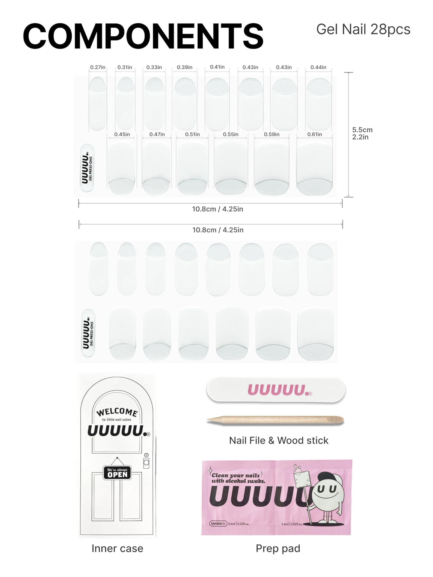 UUUUUU Semi Cured Gel Nail Strips | Salon-Quality | UV Free Gel Nail Wraps for Women | Easy Peel&Stick | Long-Lasting up to 14 Days | 28 Strips Set+File & Wipes | Gift-Ready(UGN126 Deep French White)