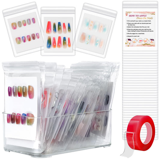 Aphlos Press On Nail Storage Set,30 PVC Ziplock Bags, 30 Nail Art Cards, a Roll of Transparent Double-Sided Tape and an Acrylic Storage Box