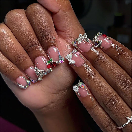 Nude Pink Press on Nails Short Square MABKJLF French Tip Fake Nails False Nails with Designs Bow Cherry Butterfly Flower Charm Rhinestones Glossy Glue on Nails Acrylic Nails for Women Girls 24 Pcs