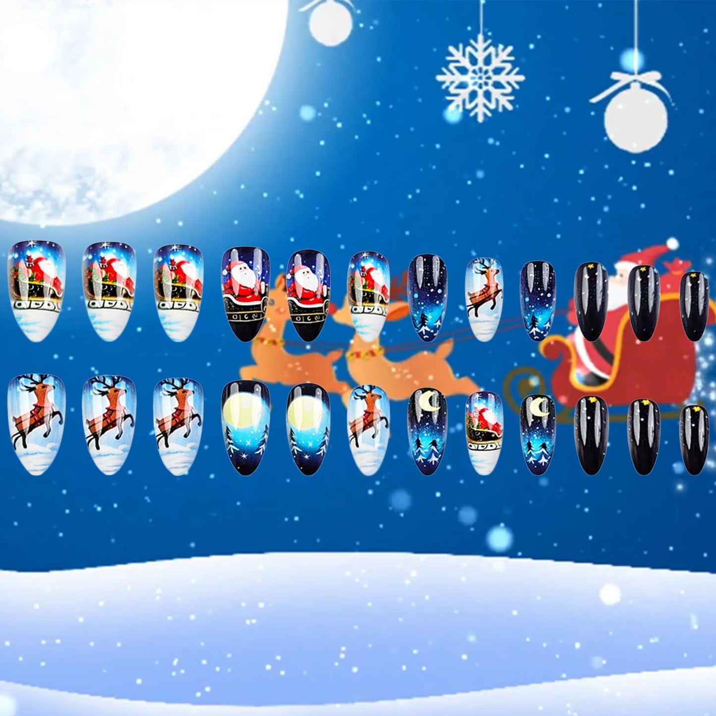 Christmas Press on Nails 24Pcs Reindeer Gel Glue on Nail Santa Claus Medium Almond False Nails Glossy Blue Gradient Acrylic Fake Nail Moon Stick on Fingernails for Women Xmas Gift